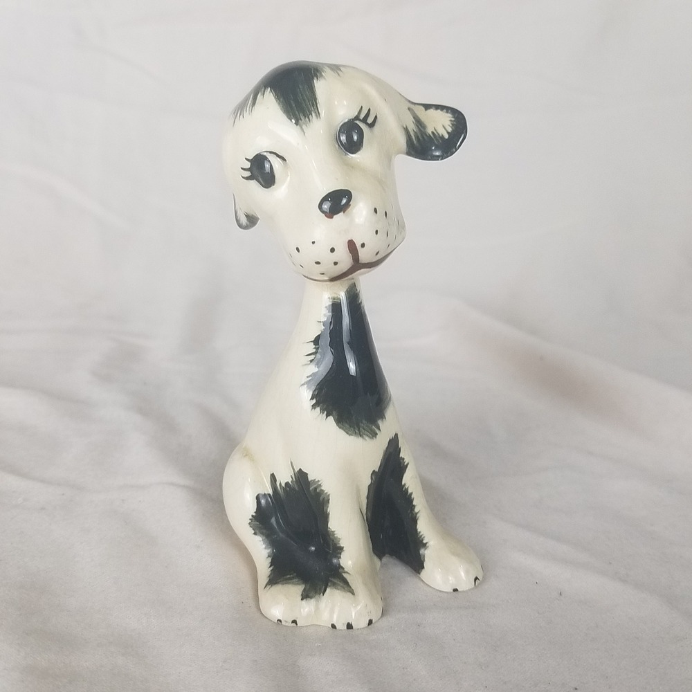 Ceramic Dog Figurine White Black Excellent Spotted MCM Style vintage 1960